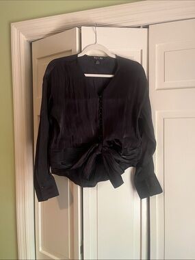Iky & Me Black Satin Tie-Front Blouse - Women's Top